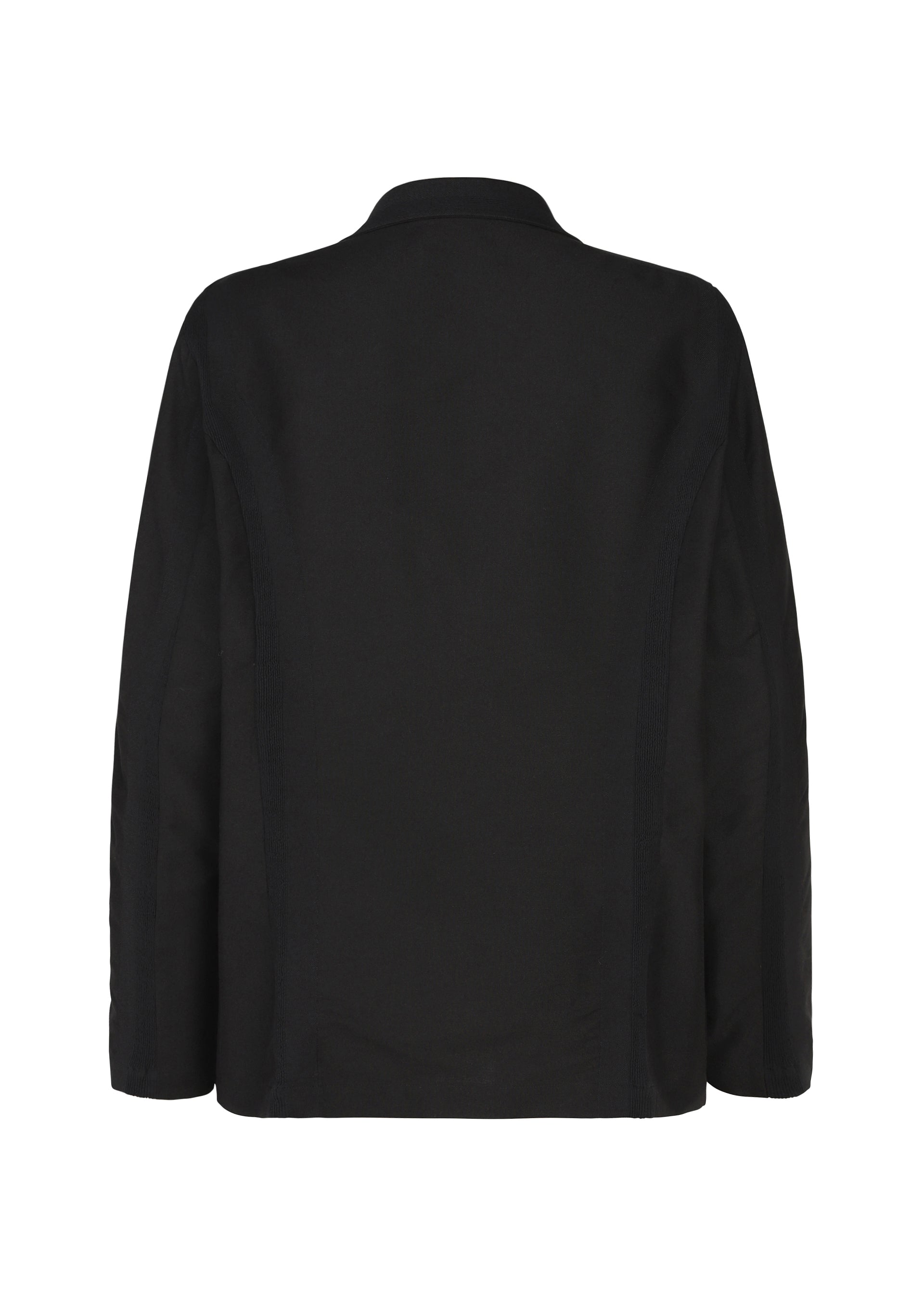 Zoomed view Back view of the “CLAY” black blazer by IM MEN, featuring a collar and long sleeves, displayed against a white background. The blazer showcases a simple, classic design with no visible patterns or embellishments, emphasizing its subtly sculptural form that creates an elegant silhouette.