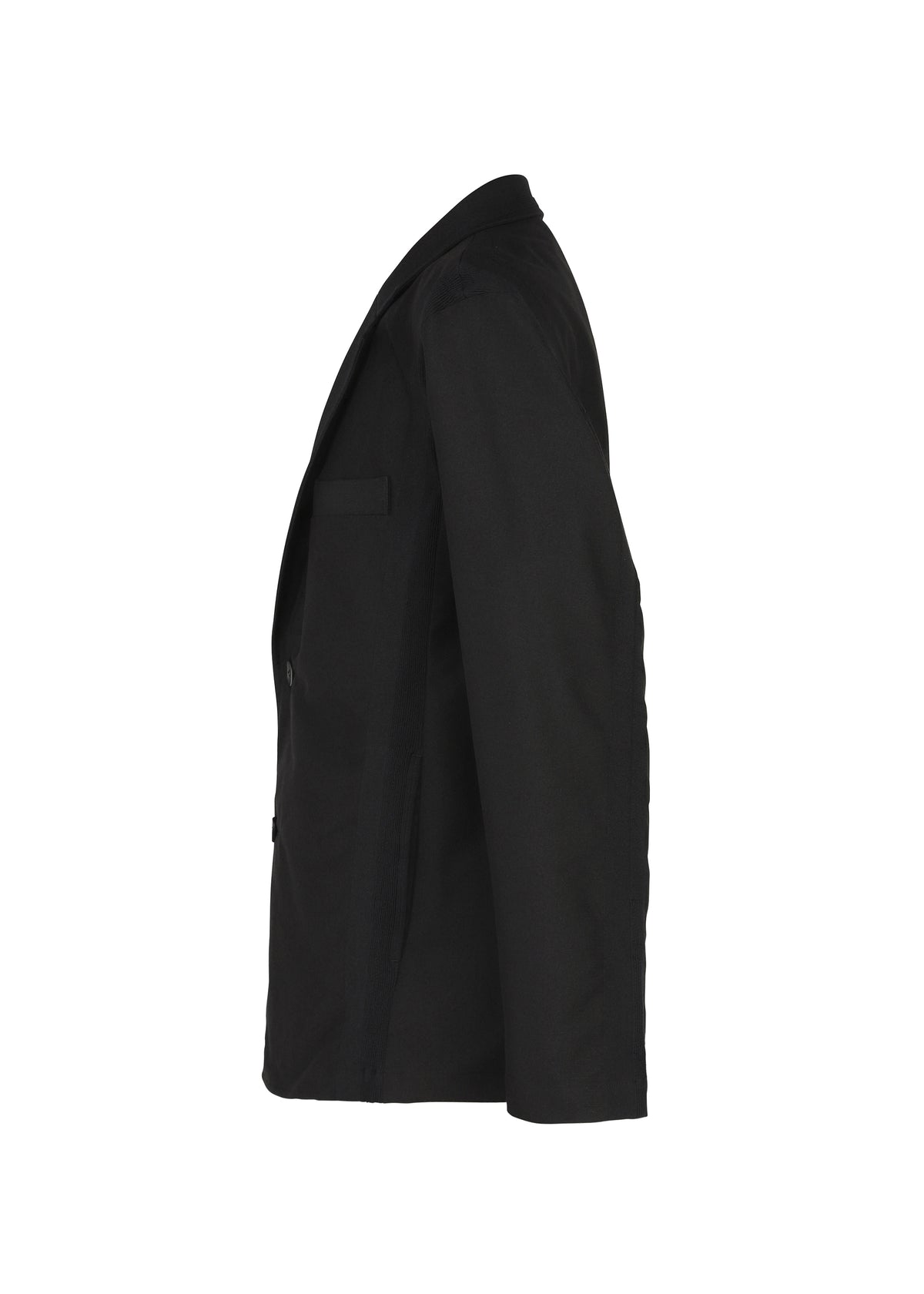 The CLAY textile jacket by IM MEN is displayed in black from a side angle, with its sleeves and lapel visible, emphasizing the sculptural form against a plain white background. view 4 of 8