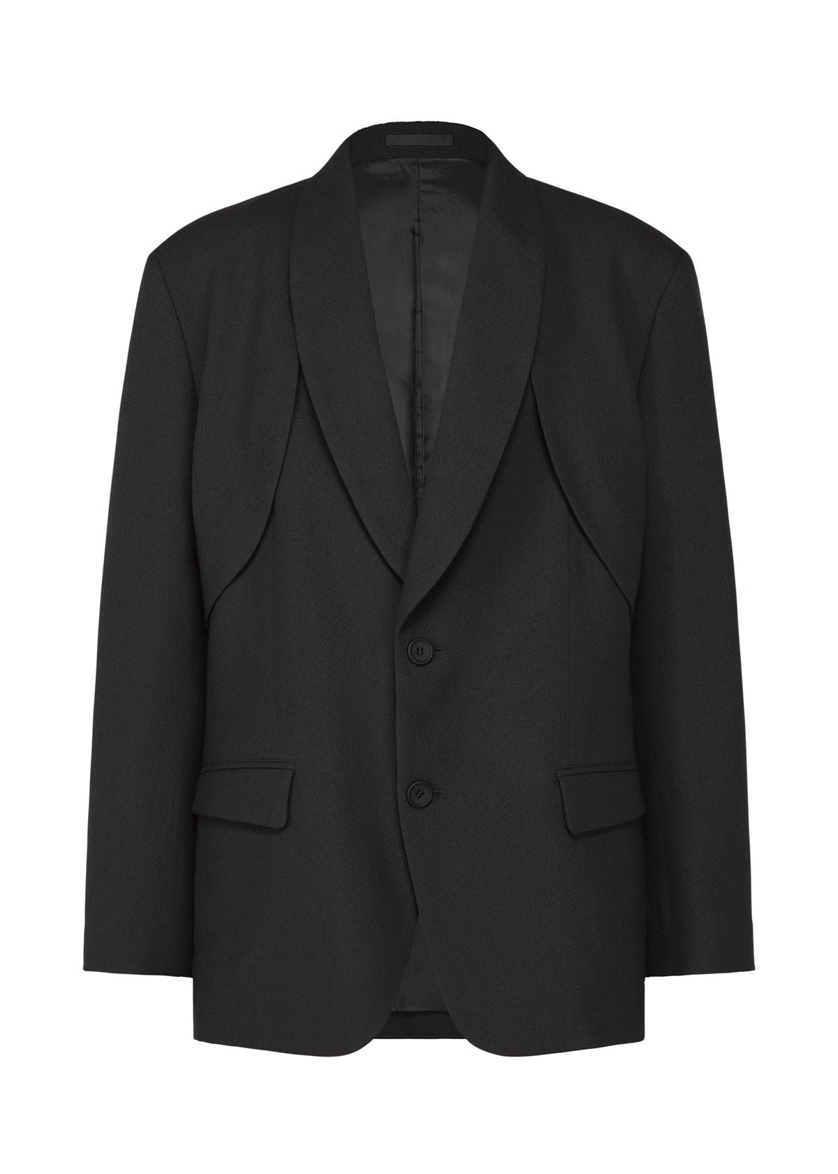 The SHRINK WOOL is a black crepe-like jacket from IM MEN, featuring a curved lapel, two front buttons, flap pockets, and structured tailoring from the Autumn Winter 2026/27 collection. view 1 of 17