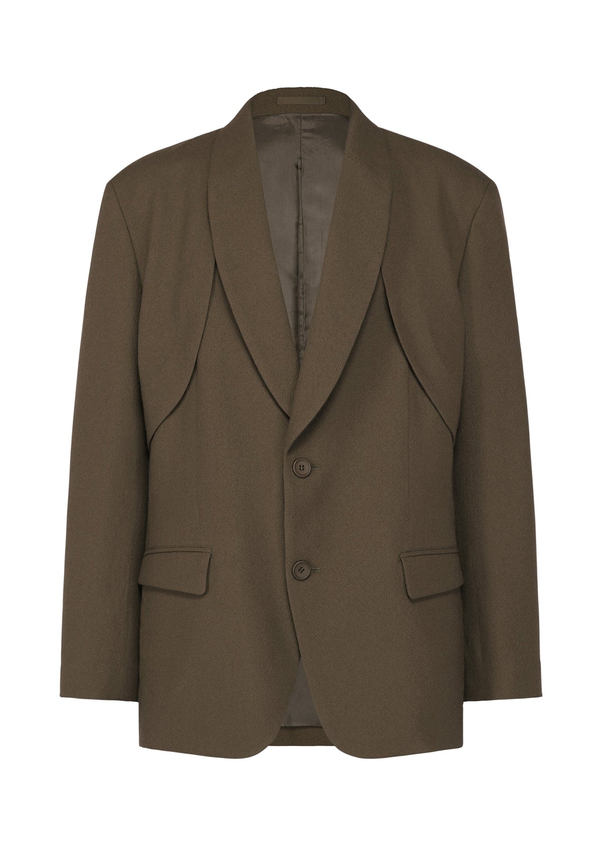 Zoomed view The SHRINK WOOL jacket by IM MEN features brown hard-twist wool, two buttons, notch lapels, and a structured silhouette for a modern-classic look, from the Autumn Winter 2026/27 collection on a white background. - BROWN （no.44）