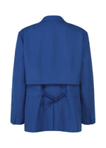 Back view of a royal blue SHRINK WOOL jacket by IM MEN with a cropped overlay, belted waist, buttoned cuffs, and a structured modern design from the Autumn Winter 2026/27 collection.