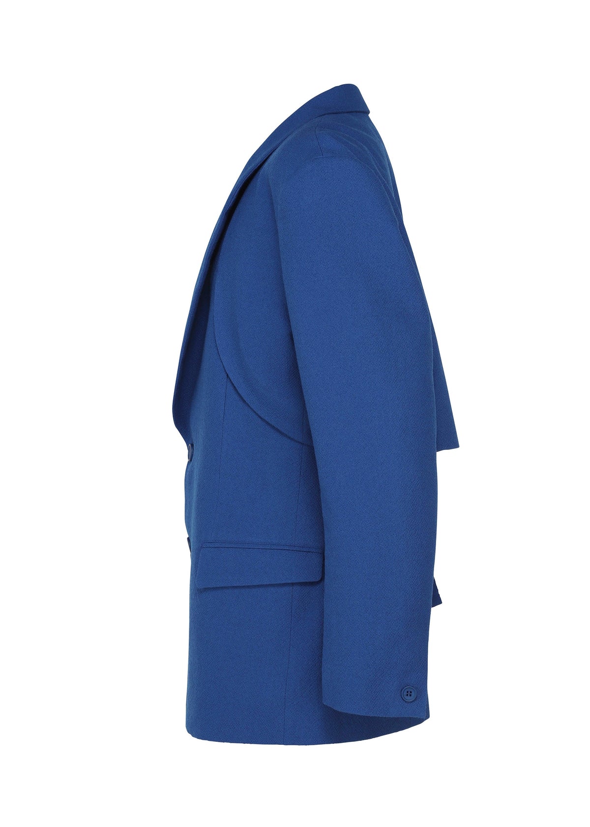 Zoomed view A blue SHRINK WOOL jacket by IM MEN is shown from the side on a plain white background, featuring long sleeves, lapels, and a slightly open front that reveals its tailored shape.