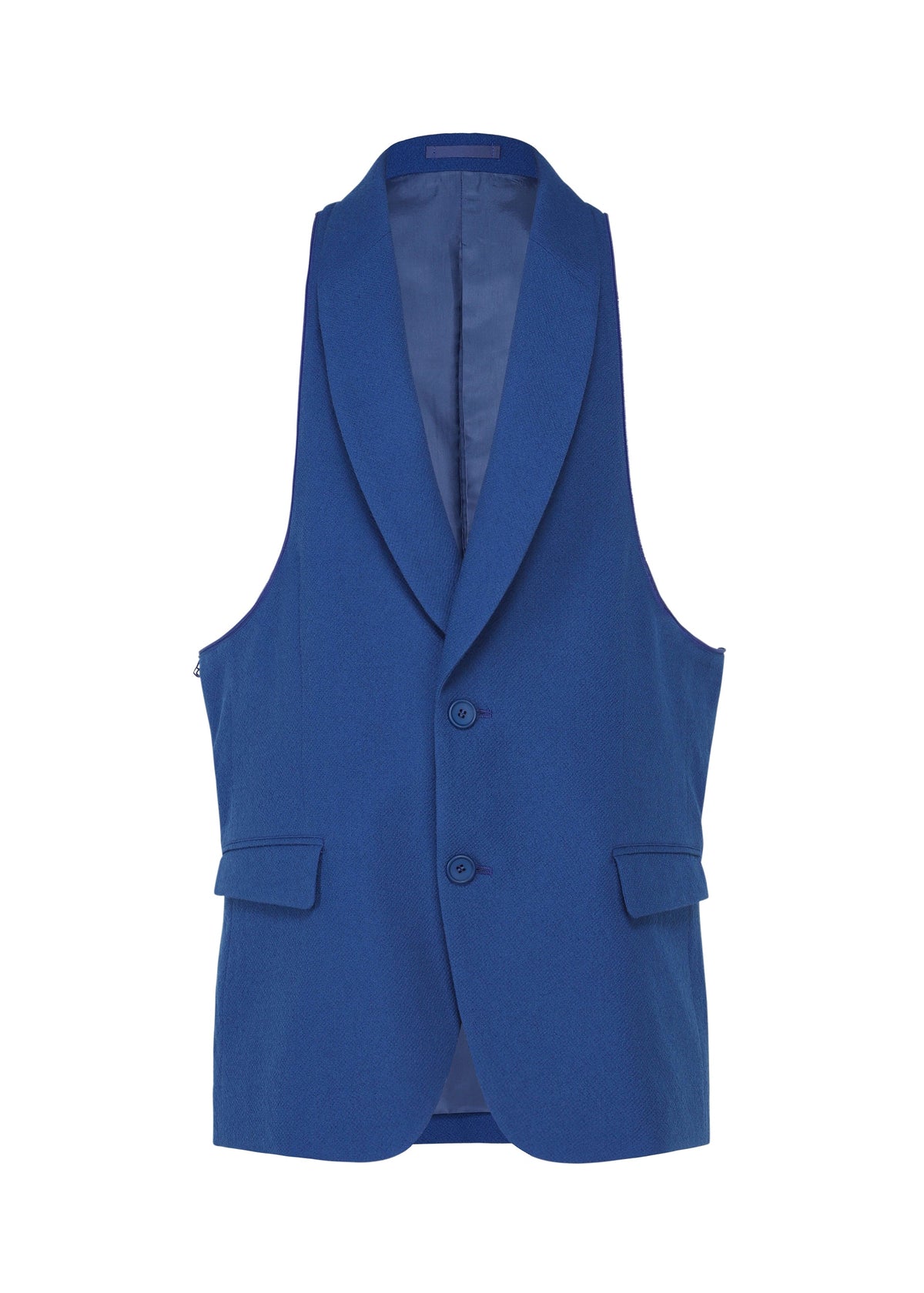 Zoomed view The SHRINK WOOL by IM MEN is a sleeveless royal blue tailored vest with two buttons, flap pockets, notched lapel, and smooth lining, inspired by crepe-like jackets from AW 2026/27.