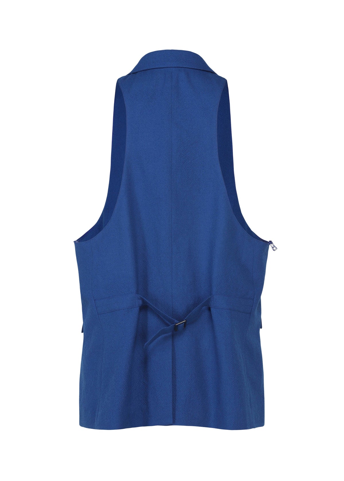 Zoomed view Back view of the sleeveless blue SHRINK WOOL jacket with collar and adjustable waist tie from IM MEN Autumn Winter 2026/27, shown against a white background.