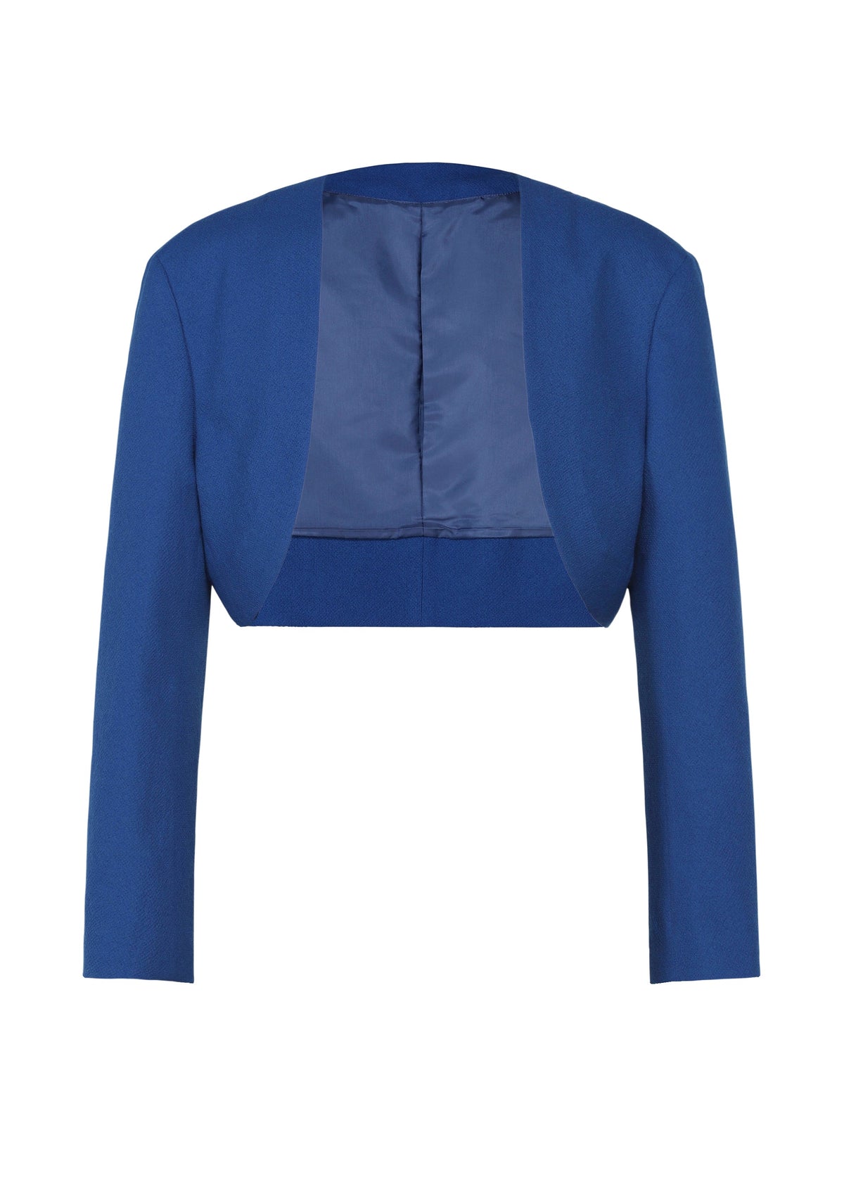 A cropped, long-sleeve royal blue jacket with an open front and blue satin lining from the IM MEN Autumn Winter 2026/27 collection, called SHRINK WOOL. view 8 of 17