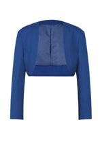 A cropped, long-sleeve royal blue jacket with an open front and blue satin lining from the IM MEN Autumn Winter 2026/27 collection, called SHRINK WOOL.