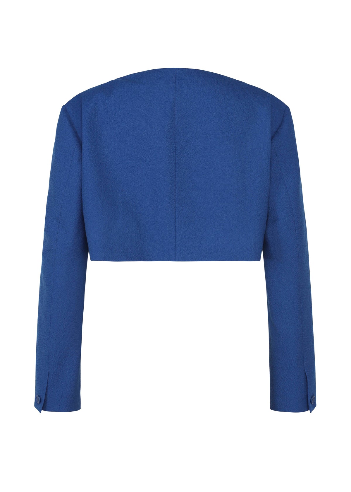Zoomed view The SHRINK WOOL blazer by IM MEN, a cropped long-sleeve piece in royal blue hard-twist wool, is displayed from the back on a white background from the Autumn Winter 2026/27 collection.