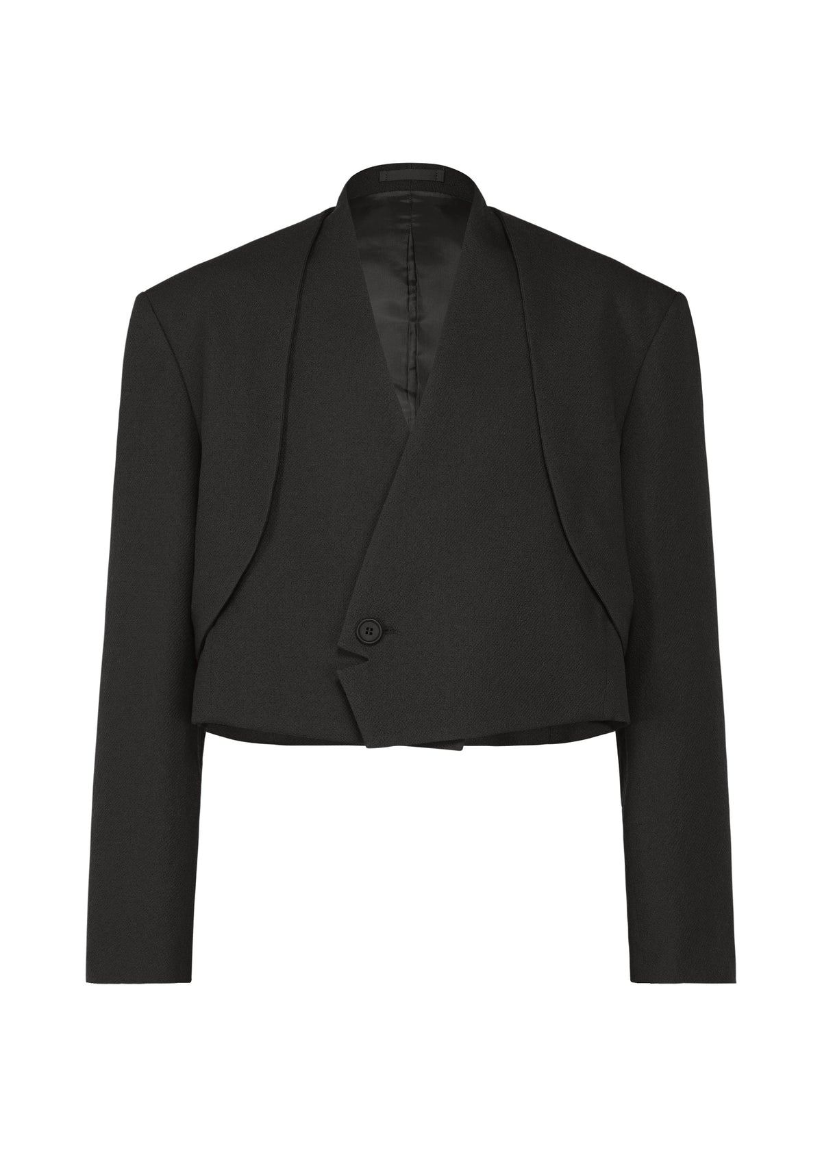 The SHRINK WOOL by IM MEN is a black cropped, collarless jacket with long sleeves, a single front button, satin-lined interior, broad shoulders, and a structured crepe-look design. view 1 of 14