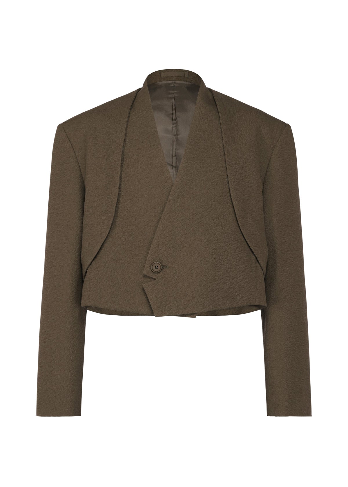 Zoomed view SHRINK WOOL by IM MEN: a cropped olive green, hard-twist wool blazer with a crepe-look finish, long sleeves, single button front closure, and draped lapel. Shown on a white background. - BROWN （no.44）