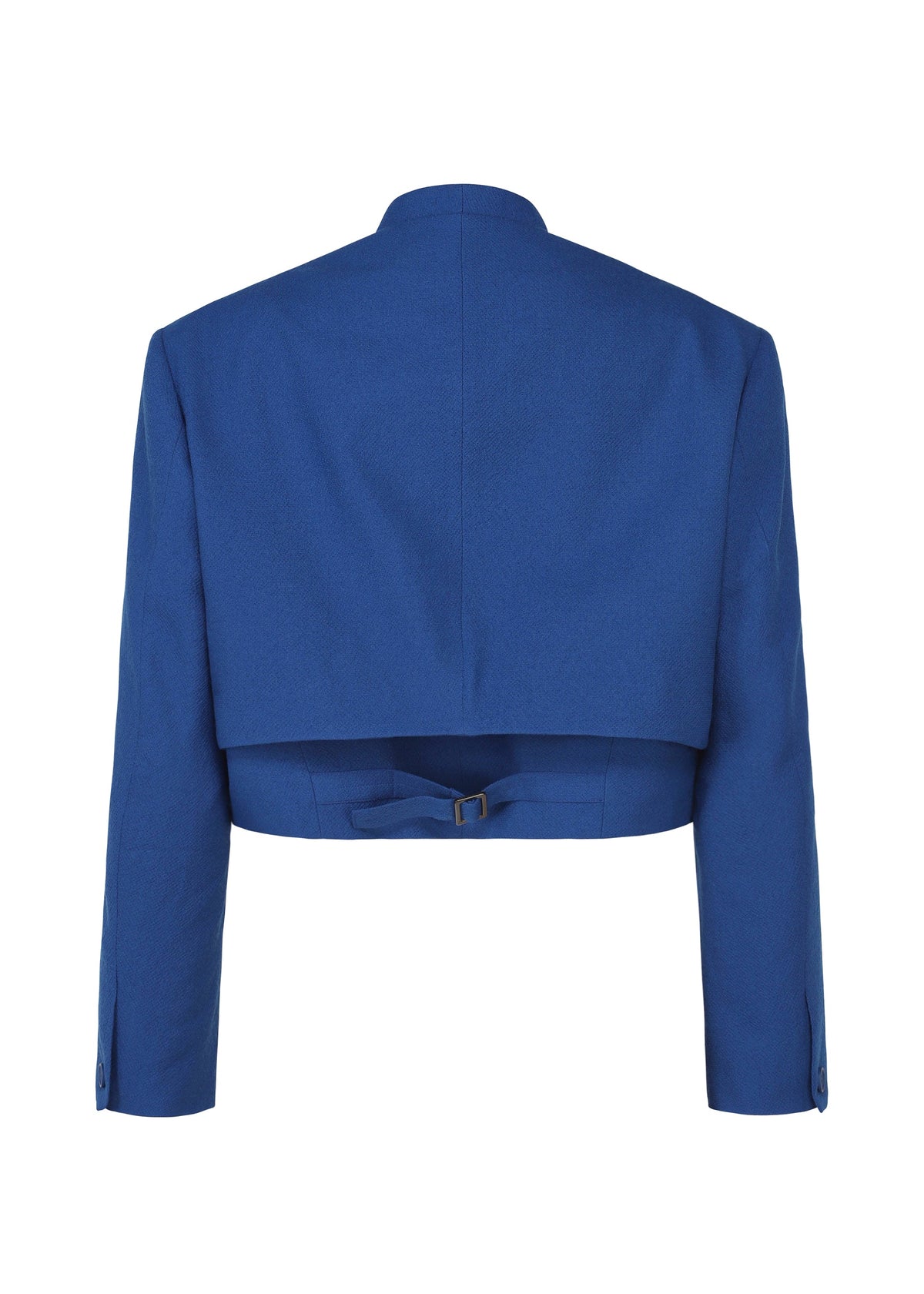 The SHRINK WOOL by IM MEN is a blue cropped hard-twist wool jacket with long sleeves, stand collar, and a back belt detail with small buckle, shown from the back. view 4 of 14