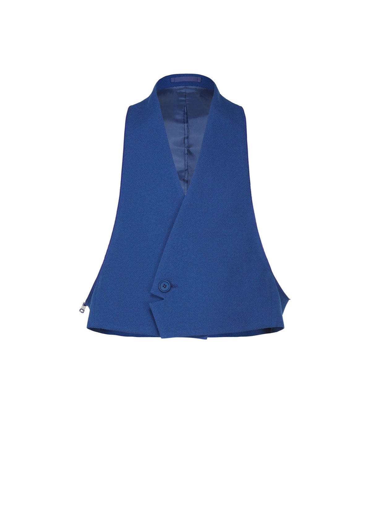 The SHRINK WOOL by IM MEN is a royal blue sleeveless vest with crepe-look fabric, deep V-neck, single button closure, and a slightly flared hem, shown on a plain white background. view 6 of 14