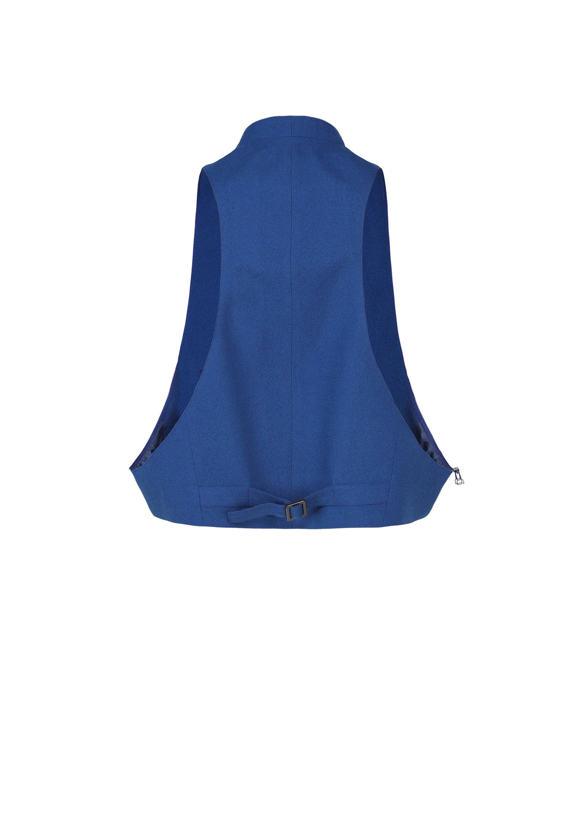 Back view of SHRINK WOOL by IM MEN—blue, sleeveless, crepe-look vest with a waist belt and buckle detail, shown on a white background. view 7 of 14