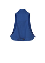 Back view of SHRINK WOOL by IM MEN—blue, sleeveless, crepe-look vest with a waist belt and buckle detail, shown on a white background.