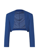 A royal blue, collarless SHRINK WOOL jacket by IM MEN in a cropped, open-front style with long sleeves and visible lining, made from crepe-look fabric. Displayed front-facing on a white background.