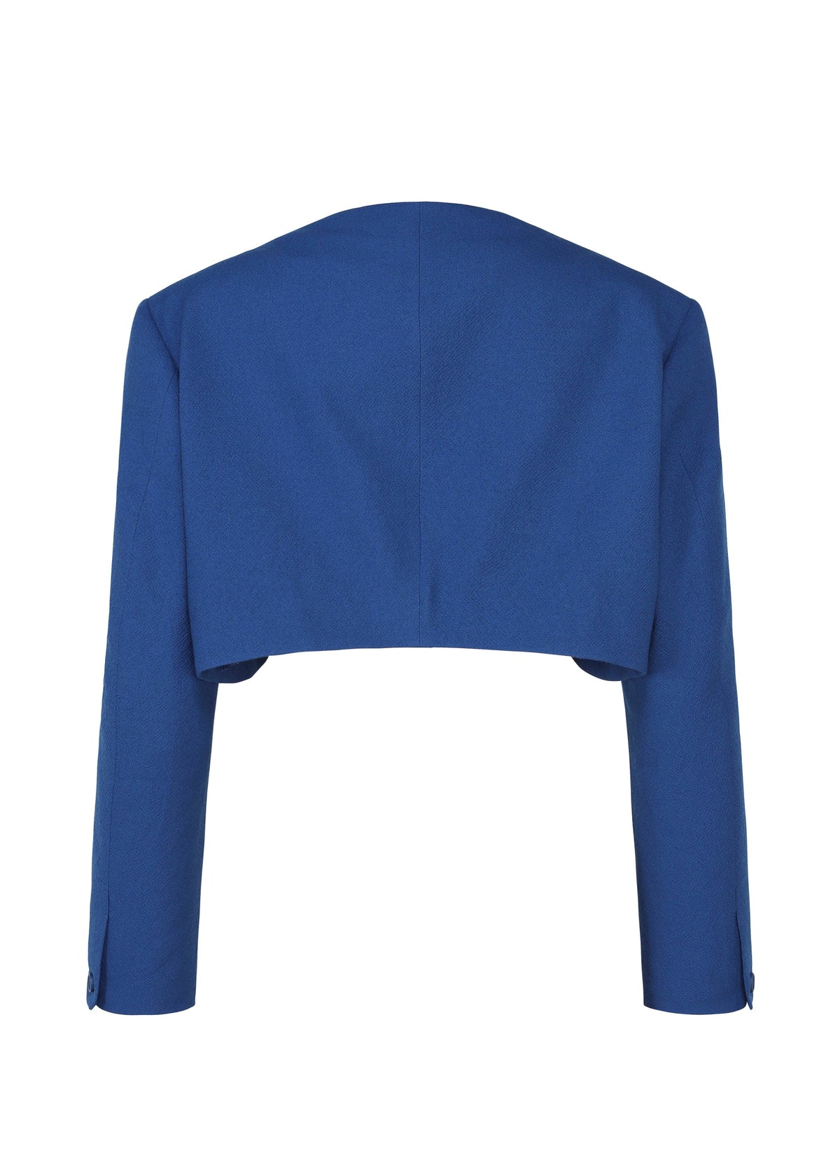 Zoomed view A royal blue, long-sleeved, collarless SHRINK WOOL jacket by IM MEN in a crepe-look finish, cropped and shown from the back on a plain white background with no visible fastenings or embellishments.