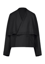 Introducing the IM MEN FRONT BACK—a black wool jacket with long sleeves, a cropped double-breasted silhouette, and an asymmetrical draped front, finished with a satin back for versatile styling. - BLACK （no.15）
