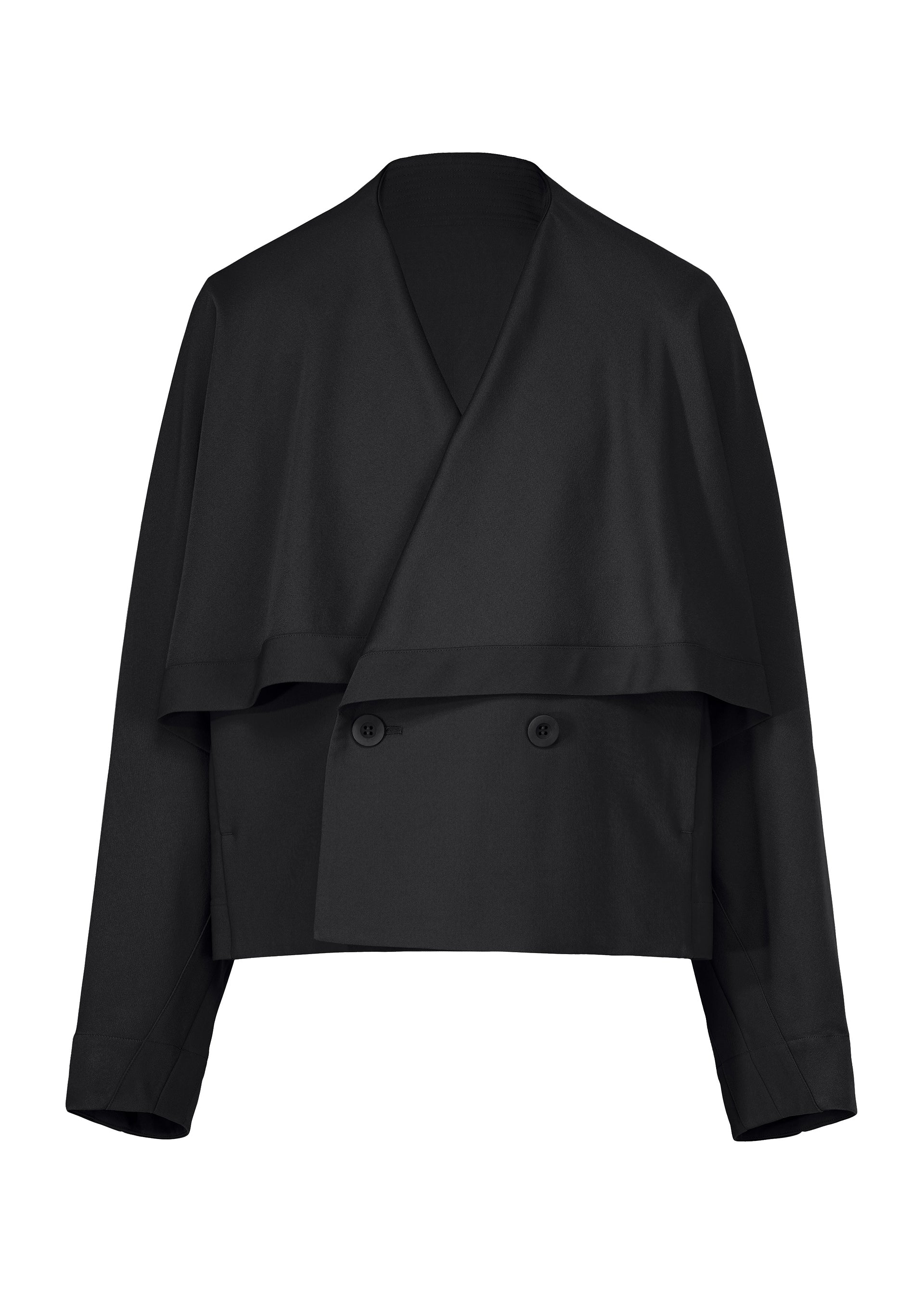 Zoomed view Introducing the IM MEN FRONT BACK—a black wool jacket with long sleeves, a cropped double-breasted silhouette, and an asymmetrical draped front, finished with a satin back for versatile styling. - BLACK （no.15）