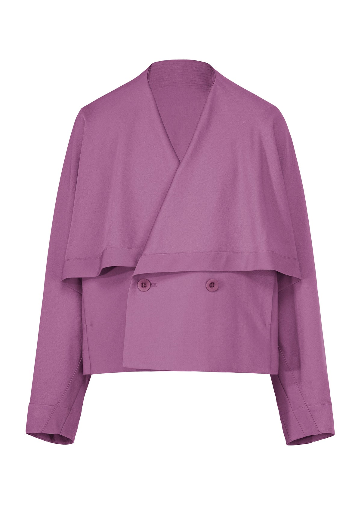 Introducing the FRONT BACK jacket by IM MEN—a cropped, mauve double-breasted wool piece with wide lapels, two-button closure, and long sleeves. Featuring an overlapping front panel and a relaxed, modern fit, this versatile design effortlessly elevates your style. view 1 of 9