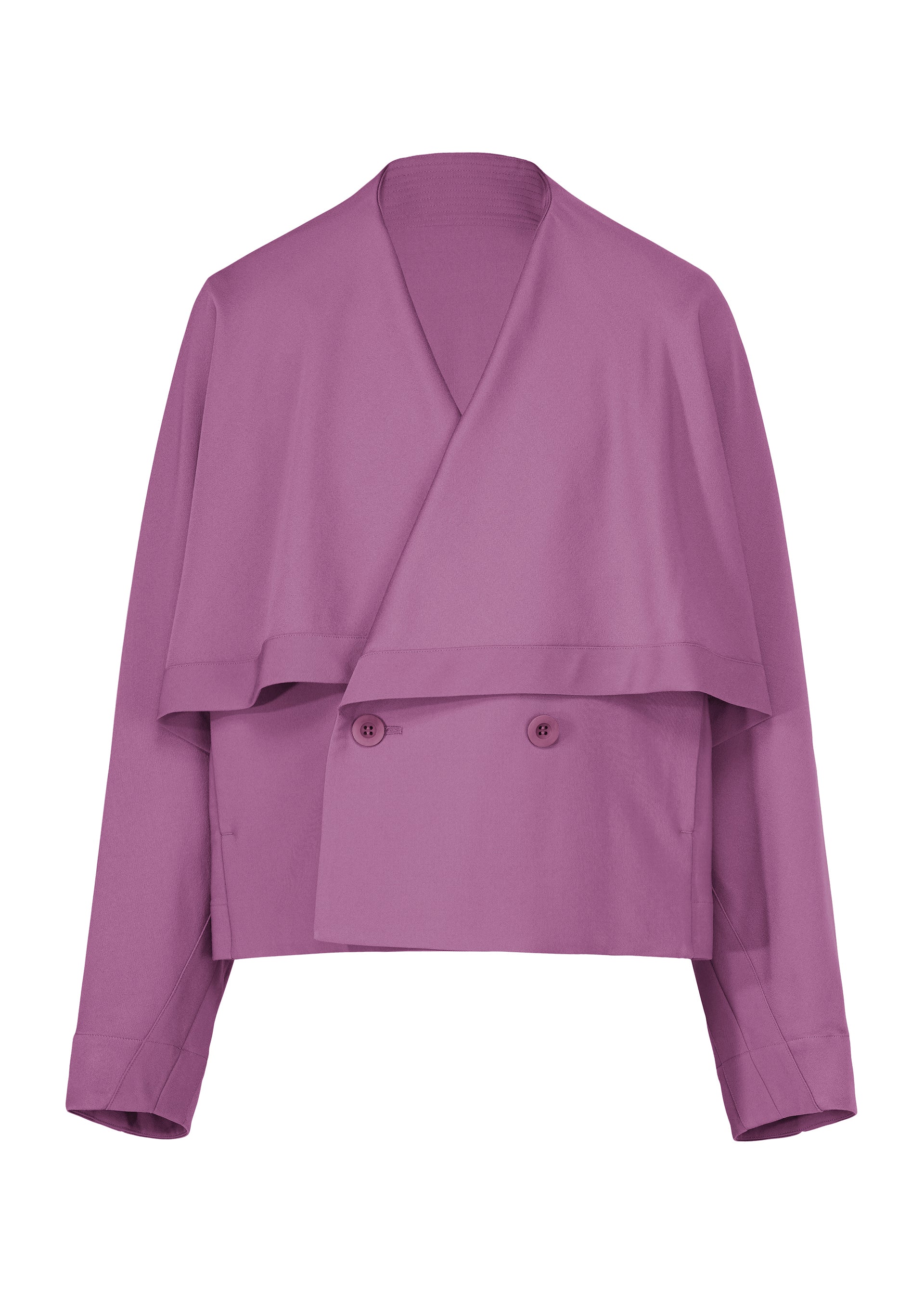Zoomed view Introducing the FRONT BACK jacket by IM MEN—a cropped, mauve double-breasted wool piece with wide lapels, two-button closure, and long sleeves. Featuring an overlapping front panel and a relaxed, modern fit, this versatile design effortlessly elevates your style. - PURPLE （no.81）