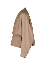 Side view of the FRONT BACK trench coat by IM MEN, a cropped, light brown design with wide sleeves and double-breasted button detailing. This versatile piece features a subtle satin back and is shown against a plain white background.