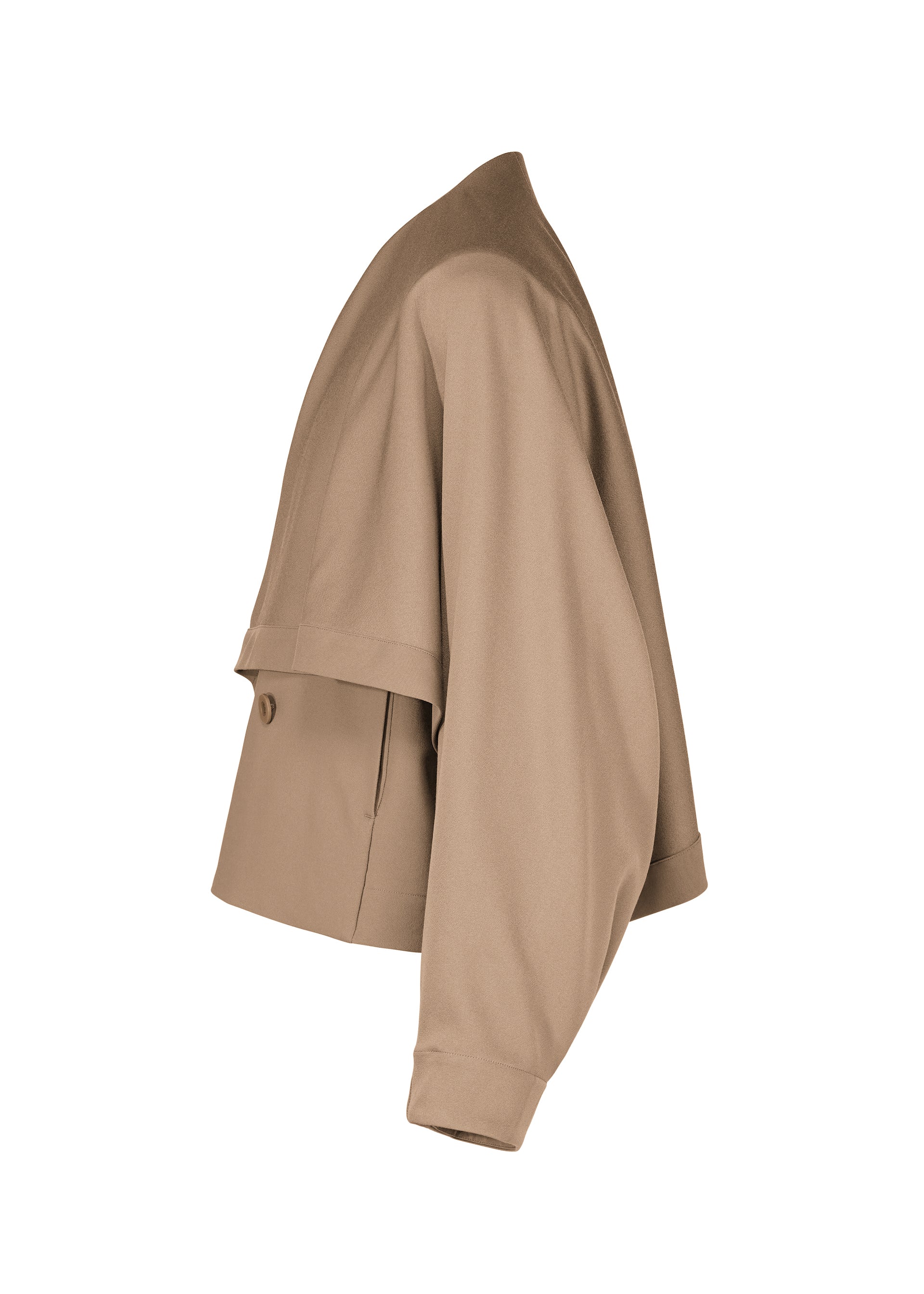 Zoomed view Side view of the FRONT BACK trench coat by IM MEN, a cropped, light brown design with wide sleeves and double-breasted button detailing. This versatile piece features a subtle satin back and is shown against a plain white background.