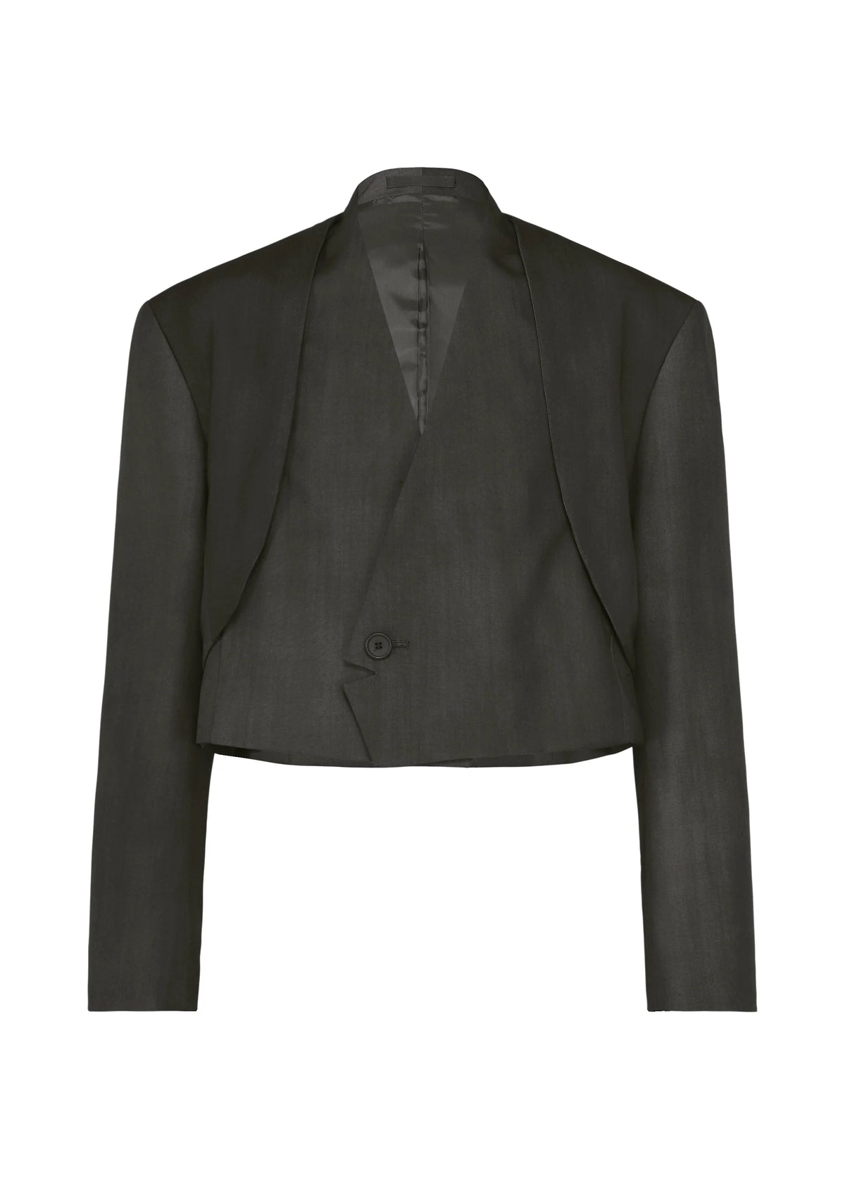 Zoomed view The GRADATION WOOL by IM MEN is a black cropped tuxedo jacket with long sleeves, deep V-neck lapel, single front button, and satin-like lining—ideal over a vest or styled solo. - BLACK （no.15）