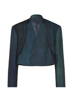 The GRADATION WOOL by IM MEN is a cropped, long-sleeve dyed wool jacket in deep green and blue ombre with a single button closure and notched lapel. - BLUE （no.72）