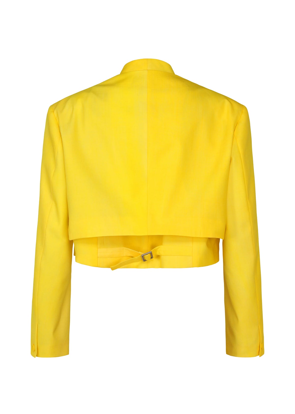 The GRADATION WOOL jacket by IM MEN features bright yellow dyed wool, long sleeves, a back buckle detail, and buttoned cuffs. Shown from the back against a white background, Autumn Winter 2026/27 collection. view 3 of 13