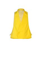 The IM MEN GRADATION WOOL vest from Autumn Winter 2026/27 is sleeveless and bright yellow with a deep V-neck, single button closure, open back, shown on a plain white background.