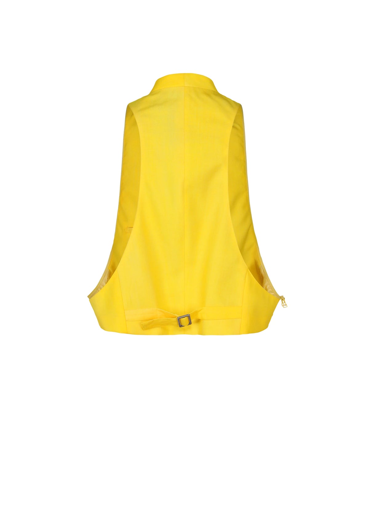 Zoomed view The GRADATION WOOL vest from IM MEN Autumn Winter 2026/27 is shown from the back, featuring a bright yellow color, adjustable waist buckle strap, and wide arm openings against a plain white background.