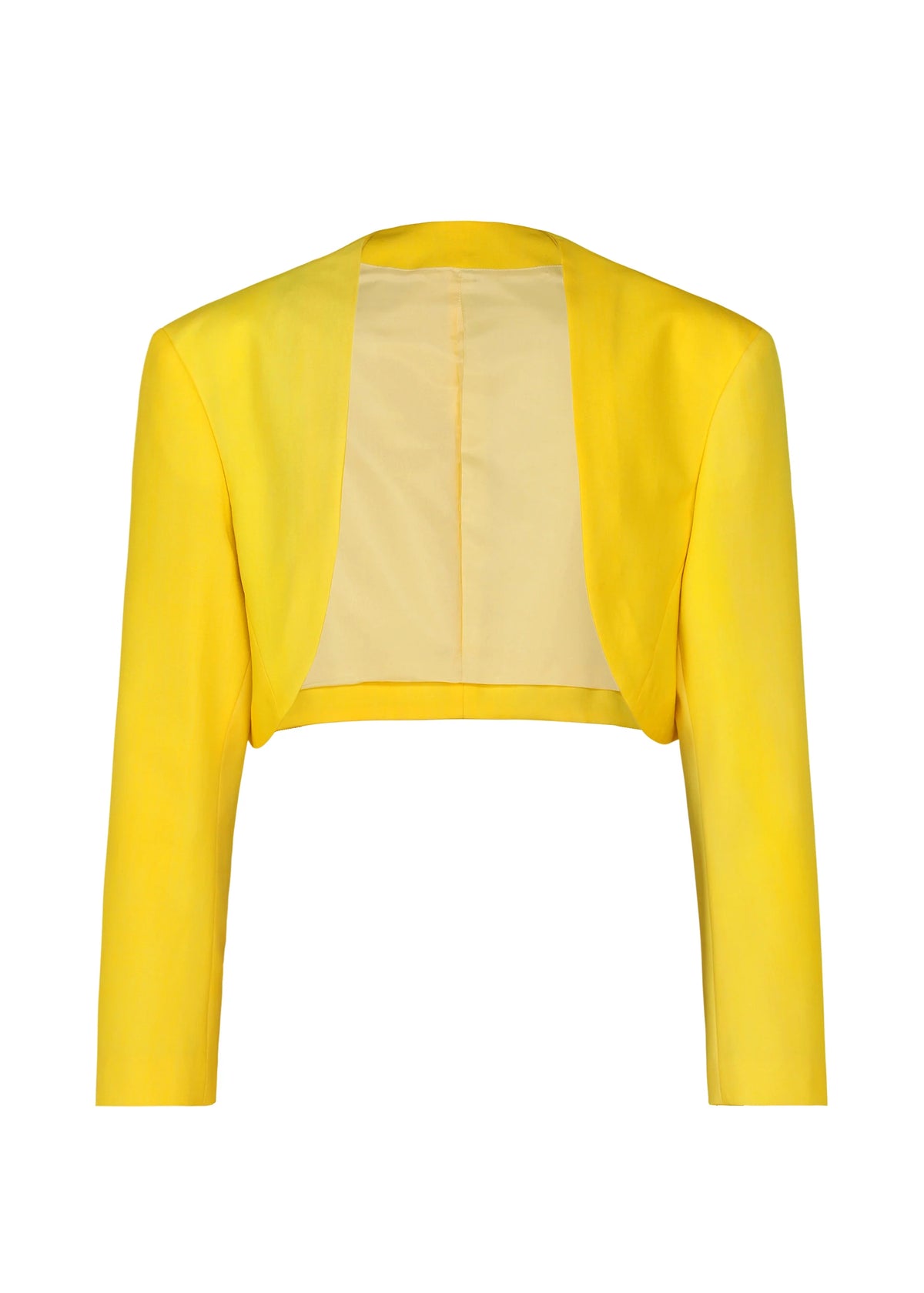 The GRADATION WOOL jacket by IM MEN features a bright yellow cropped dyed wool design with long sleeves, an open front, and a smooth, tailored finish, displayed on a plain white background. view 4 of 13