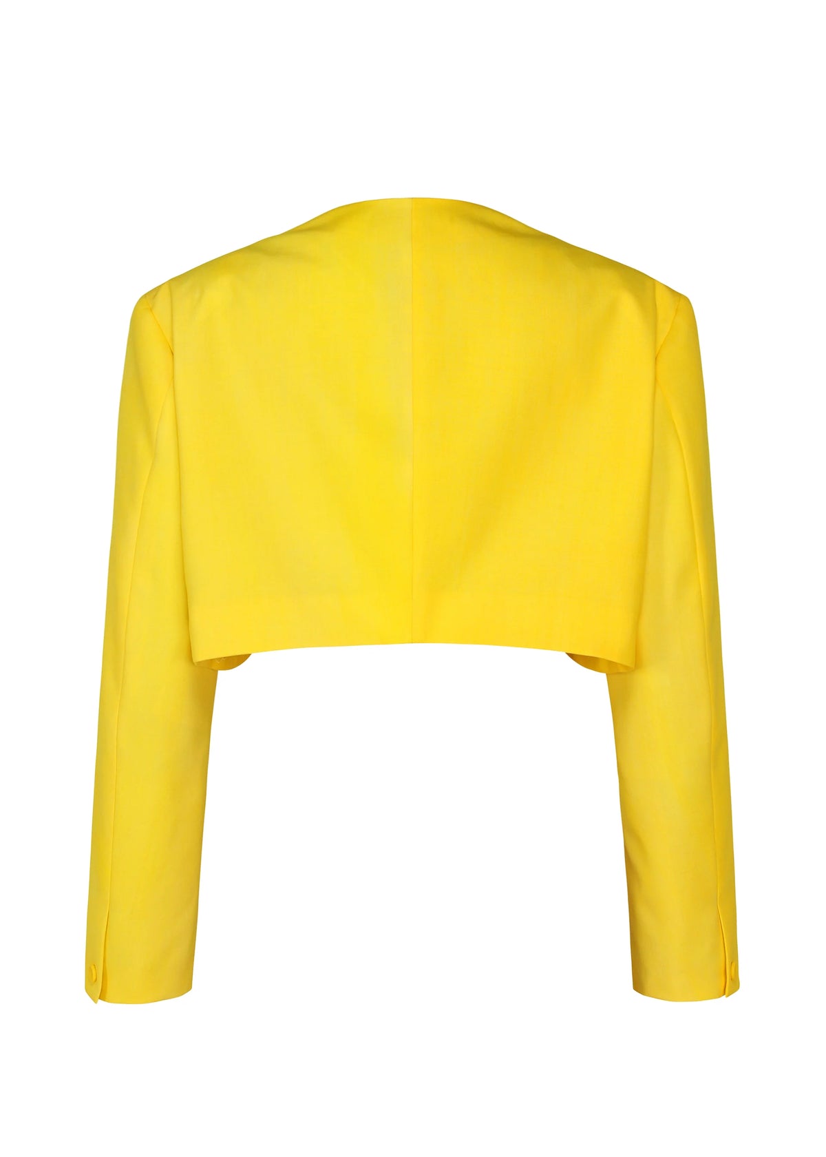 Zoomed view A bright yellow GRADATION WOOL cropped blazer by IM MEN, with long sleeves and smooth, structured fabric—shown from the back for a modern take on a classic jacket.