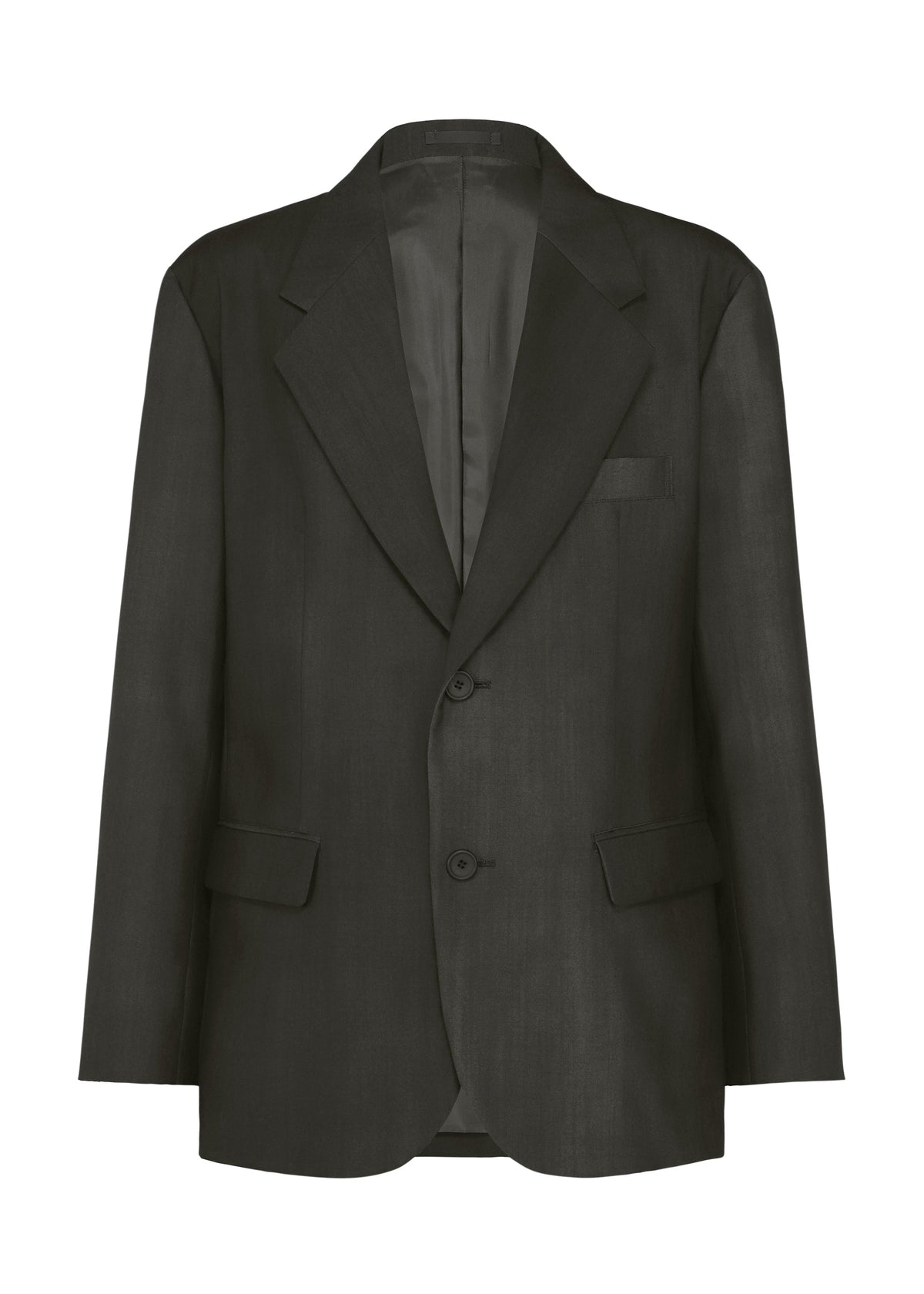 Zoomed view The GRADATION WOOL by IM MEN: a black worsted wool jacket with notch lapels, two buttons, flap and chest pockets, crafted with a unique dye technique from the Autumn Winter 2026/27 collection. Shown on white background. - BLACK （no.15）