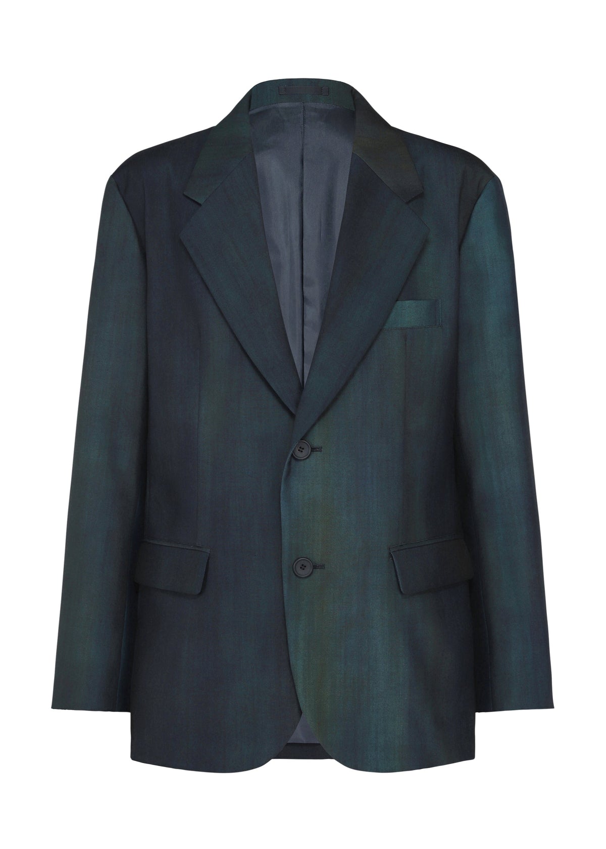 Zoomed view The IM MEN GRADATION WOOL jacket features dark green and black worsted wool, two buttons, notched lapels, flap pockets, a chest pocket, and a unique dye technique for Autumn Winter 2026/27. - BLUE （no.72）