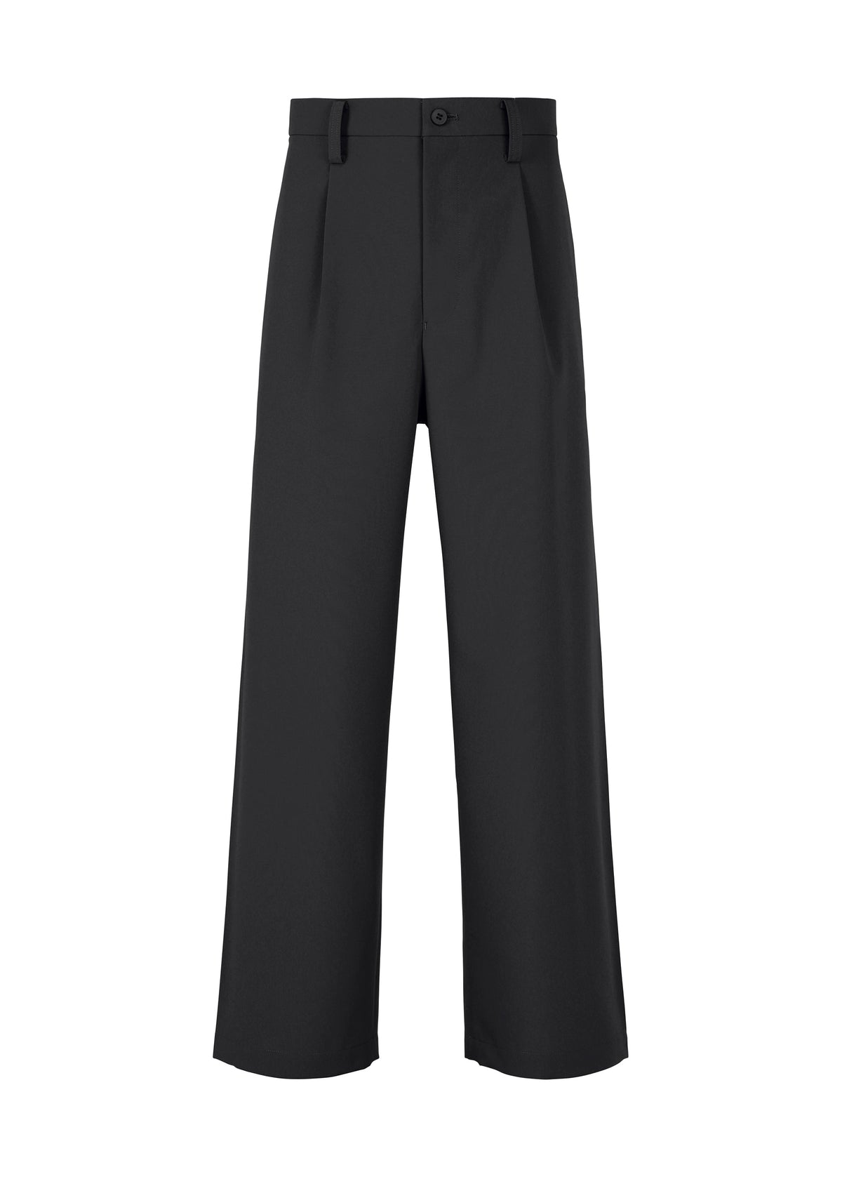 Zoomed view WINGS BLACK by IM MEN: wide-leg black trousers with a high waist, front pleats, button closure, belt loops, and side pockets, shown on a white background. - BLACK （no.15）