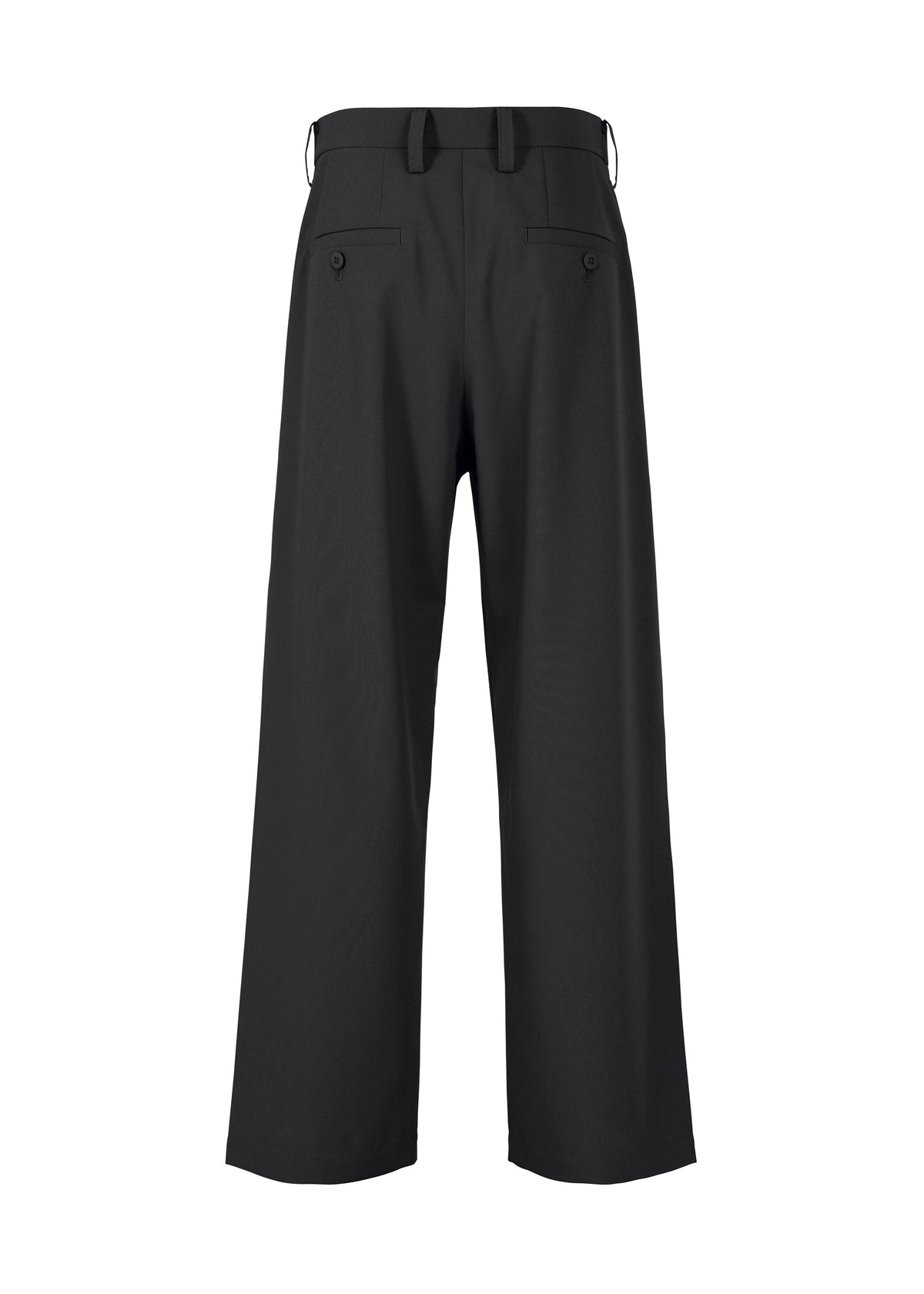 Zoomed view Back view of IM MEN WINGS BLACK wide pants with a loose fit, belt loops, and two buttoned back pockets.
