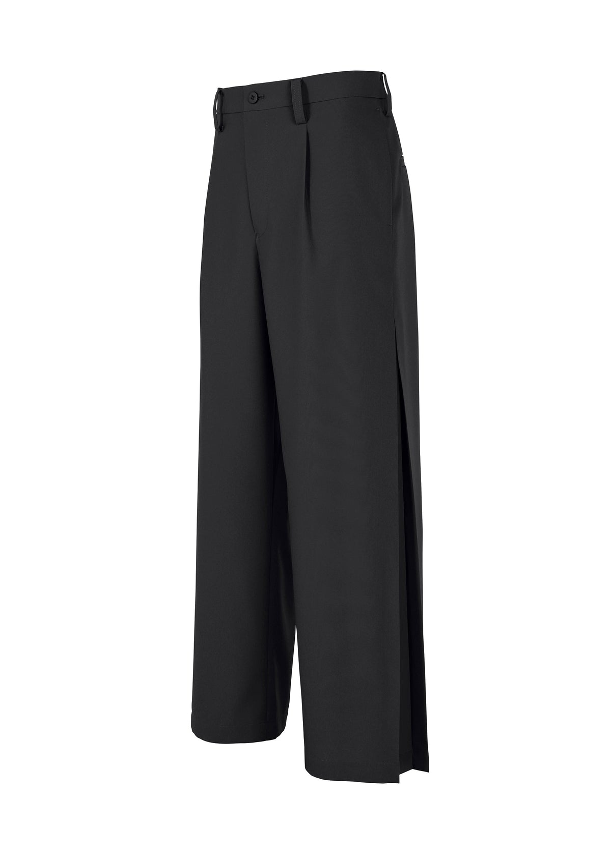 WINGS BLACK by IM MEN are wide-leg black trousers with pleats, side pockets, belt loops, and a button closure, featuring a loose silhouette on a plain white background. view 3 of 8