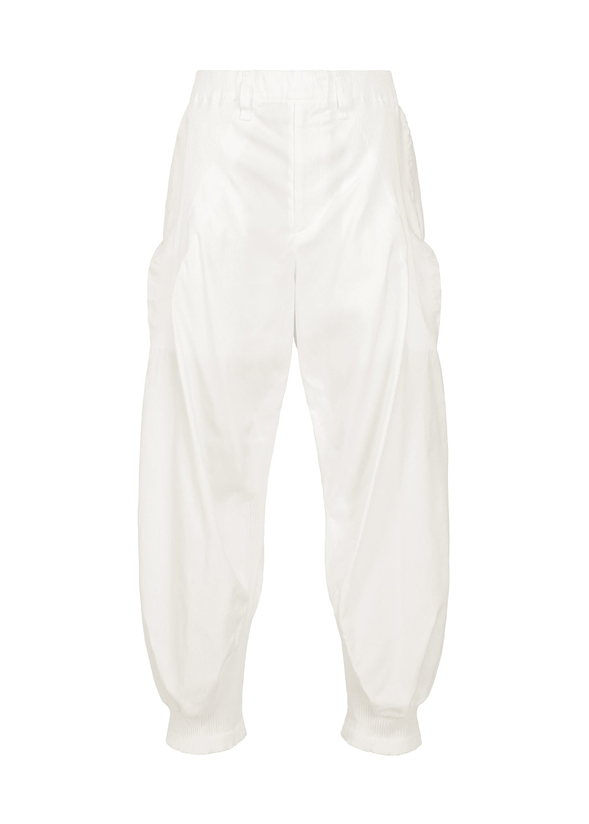 CLAY by IM MEN: High-waisted, white voluminous pants featuring a relaxed fit, gathered ankles, and oversized side pockets, shown against a plain white background. view 1 of 8