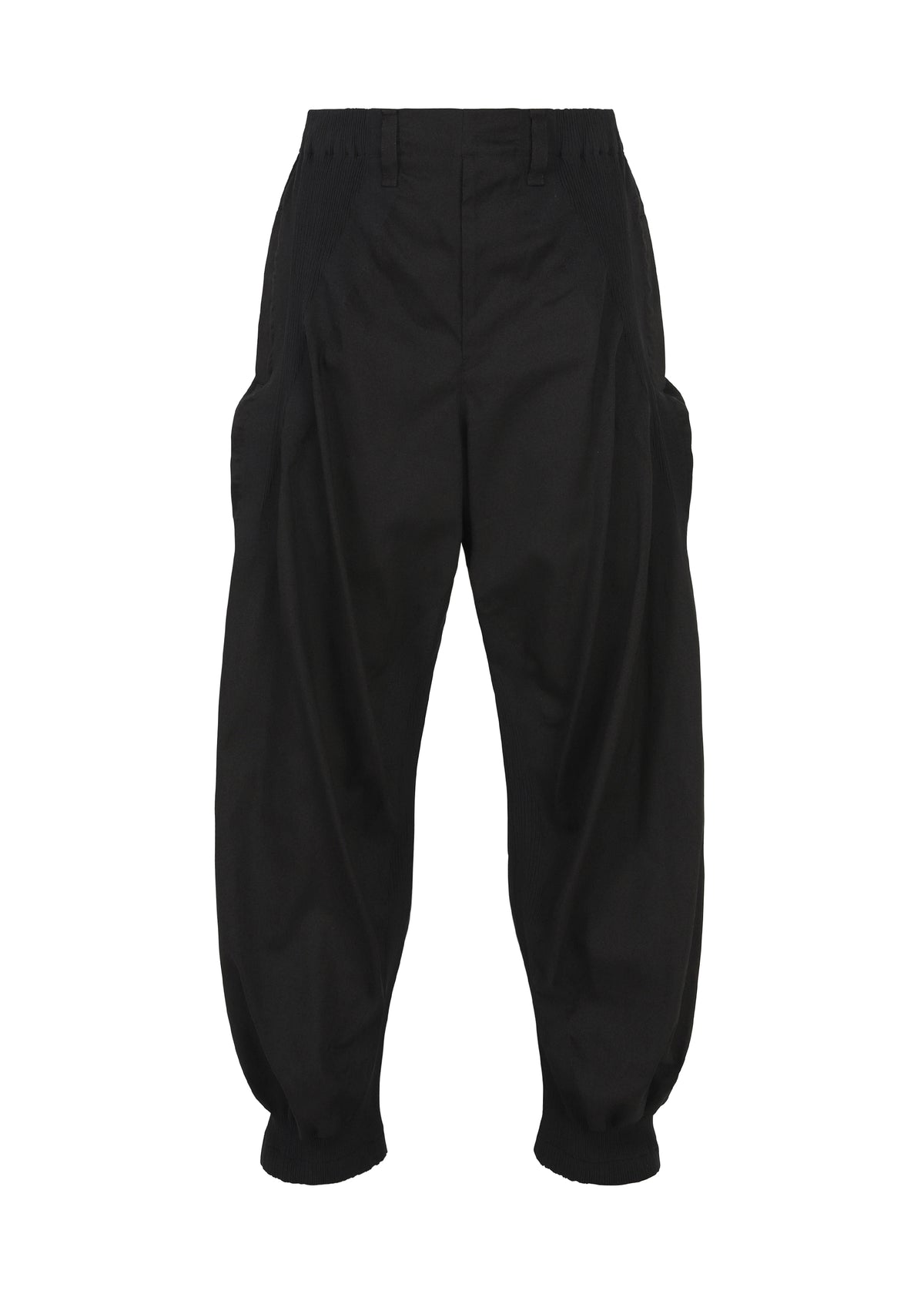 The CLAY voluminous black pants by IM MEN feature a high waist, pleated front, side pockets, and elasticized ankles, shown against a plain white background. view 4 of 8