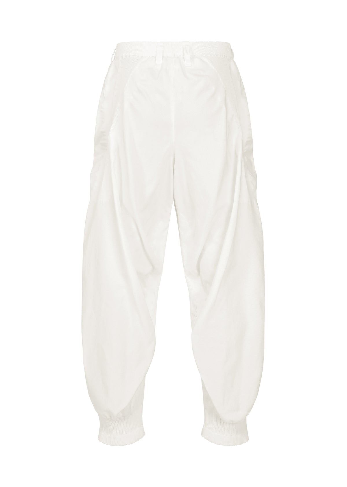 CLAY by IM MEN: White high-waisted voluminous pants featuring a loose fit through the legs and gathered cuffs at the ankles, showcased against a plain white background. view 3 of 8