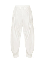CLAY by IM MEN: White high-waisted voluminous pants featuring a loose fit through the legs and gathered cuffs at the ankles, showcased against a plain white background.