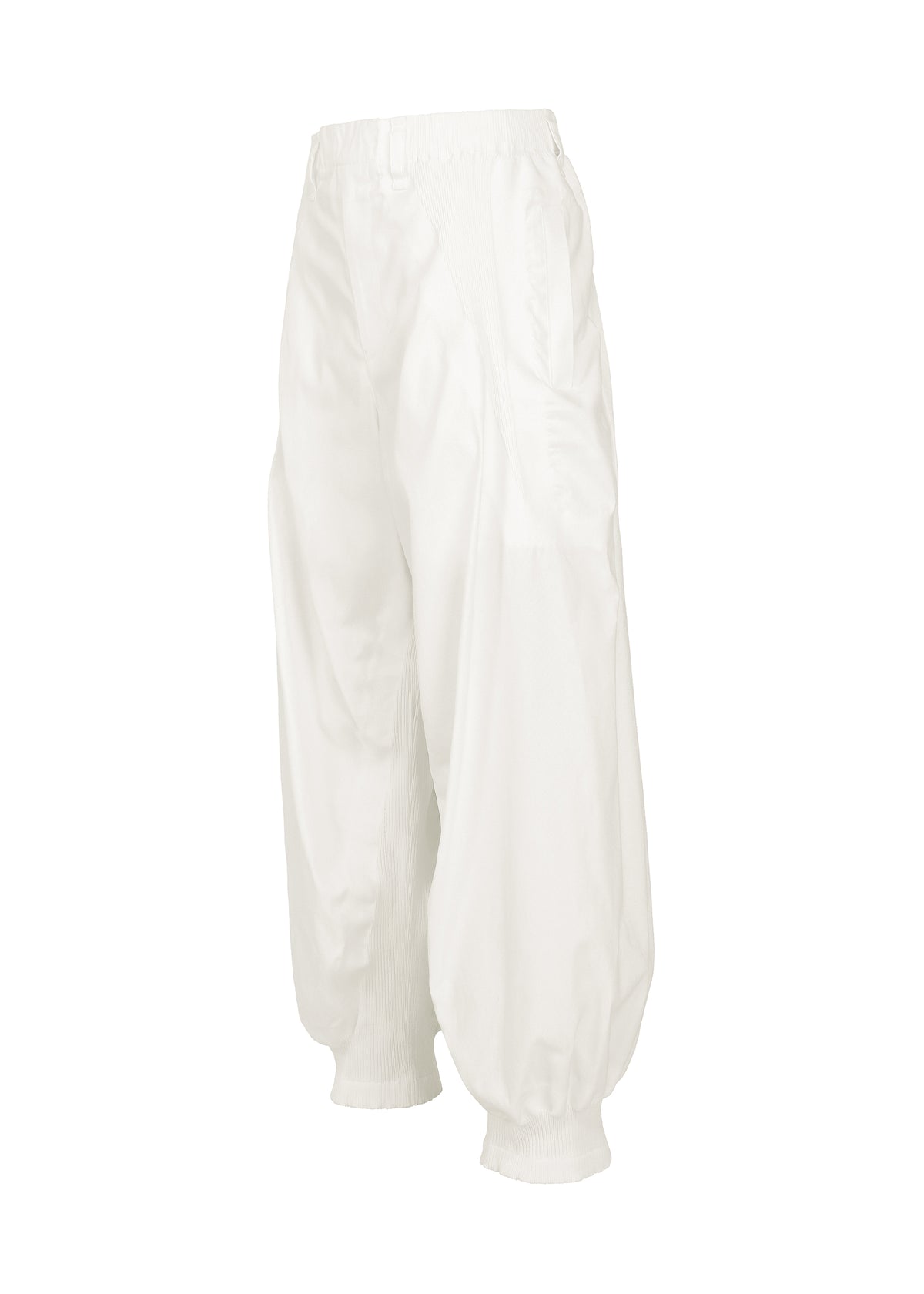 The CLAY pants by IM MEN are loose-fitting, sculptural white pants featuring gathered cuffs at the ankles and an elastic waistband, shown against a plain white background. view 2 of 8