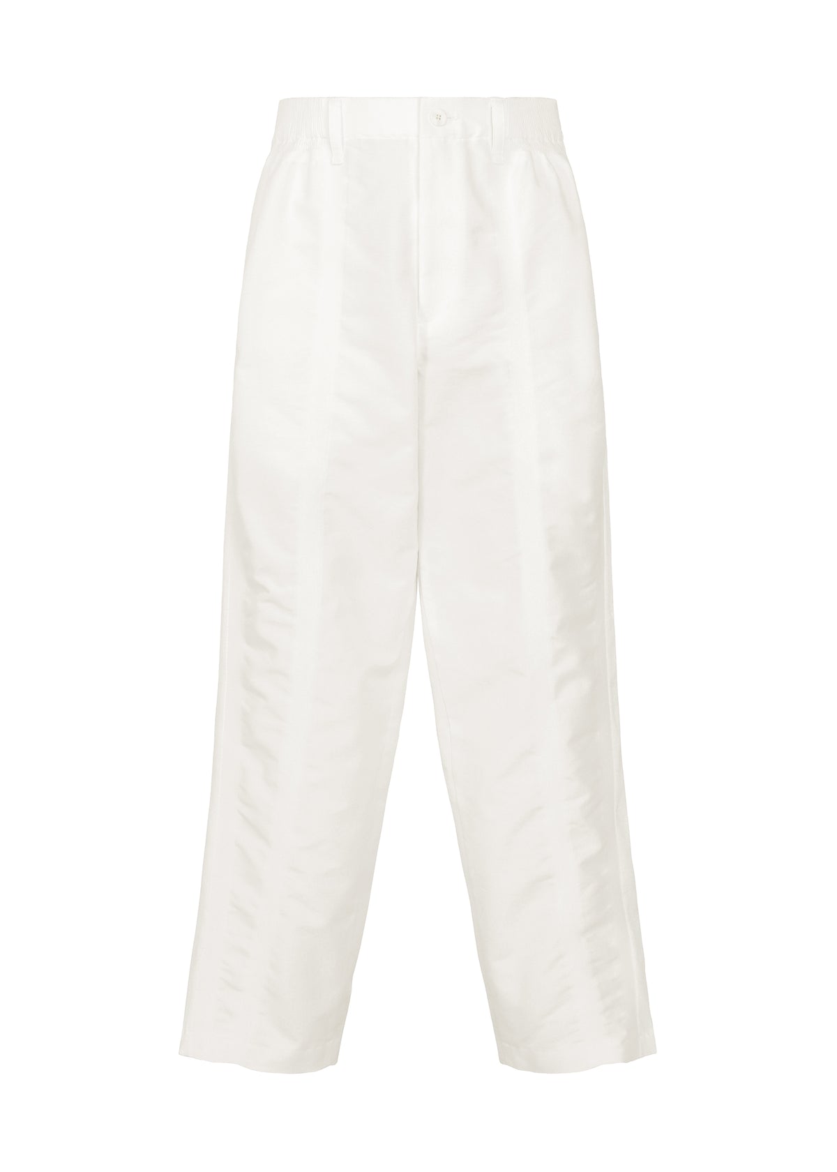 The IM MEN “CLAY” high-waisted white wide-leg pants, crafted from a slightly shiny, sculptural fabric with a front fly closure and subtle pleating detail, are displayed on a plain white background. view 3 of 8