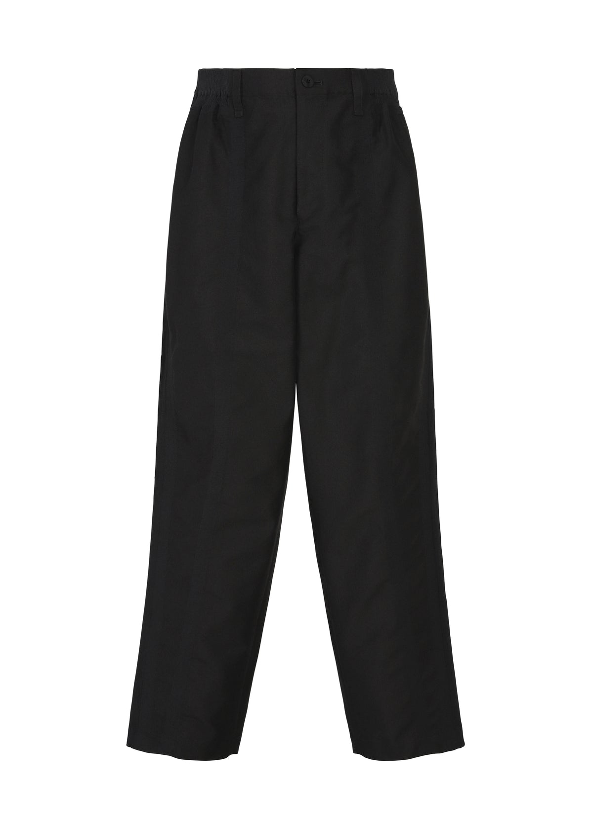 CLAY black straight-leg dress pants by IM MEN, crafted from sculptural fabric with a button and zipper closure, two side pockets, and a slightly loose fit, displayed against a white background. view 4 of 8