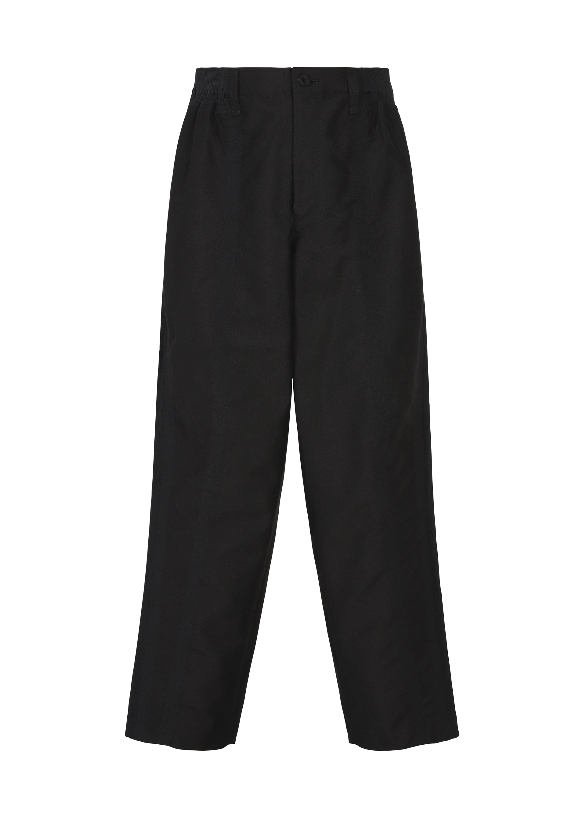 Zoomed view CLAY black straight-leg dress pants by IM MEN, crafted from sculptural fabric with a button and zipper closure, two side pockets, and a slightly loose fit, displayed against a white background. - BLACK （no.15）