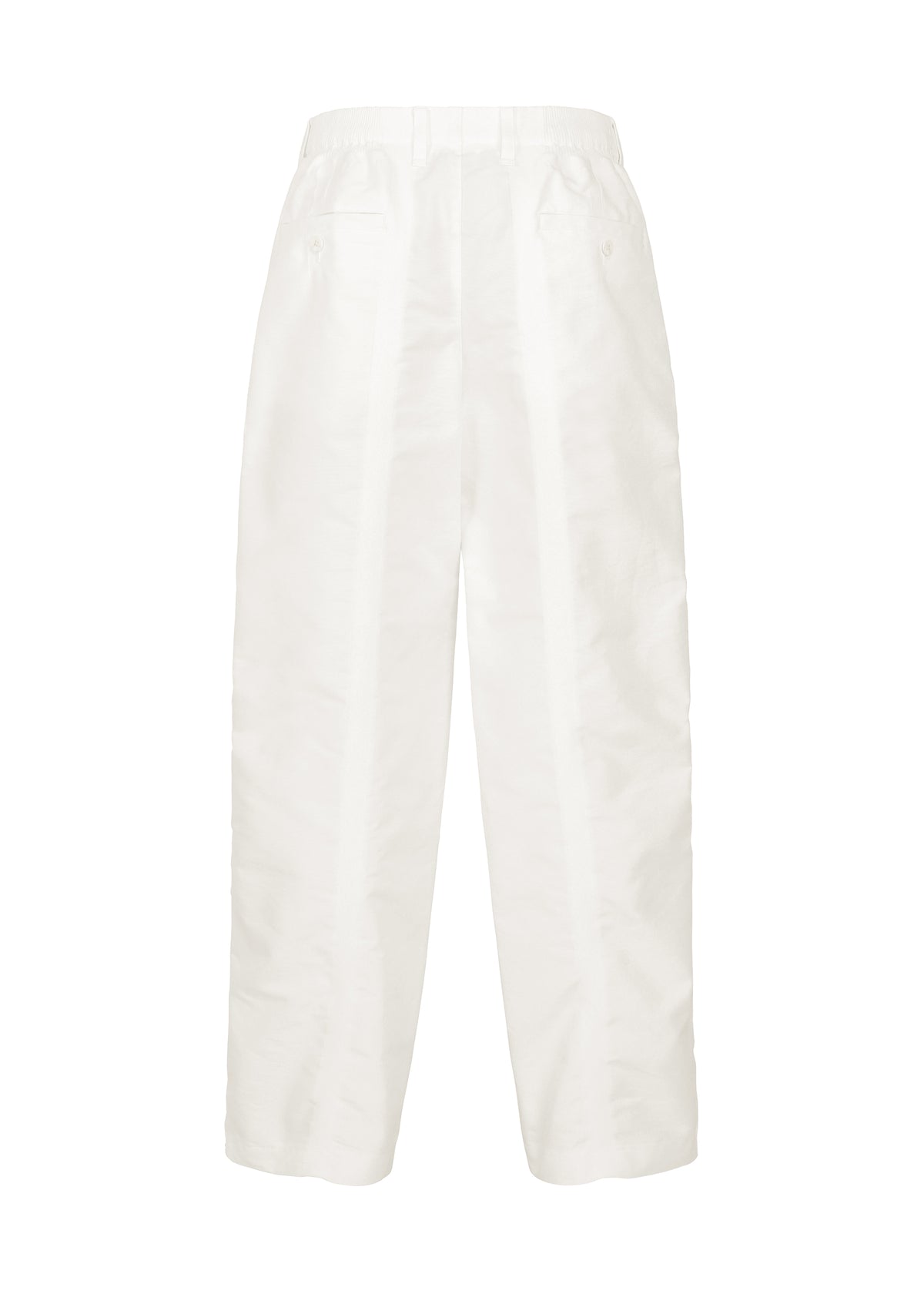 The CLAY wide-leg, high-waisted white pants by IM MEN are crafted from sculptural fabric and feature front pleats, a button and zipper closure, and two back pockets, displayed against a plain white background. view 1 of 8