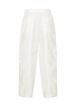 The CLAY wide-leg, high-waisted white pants by IM MEN are crafted from sculptural fabric and feature front pleats, a button and zipper closure, and two back pockets, displayed against a plain white background.