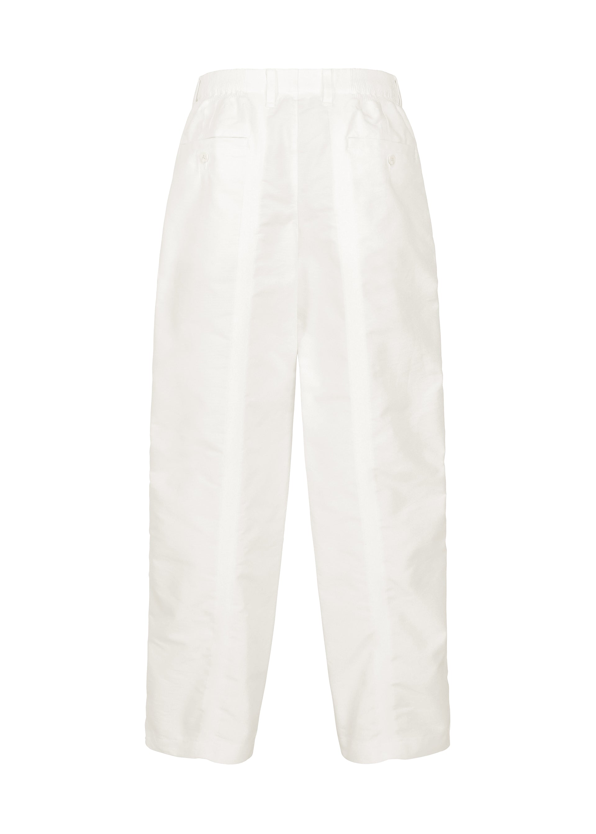 Zoomed view The CLAY wide-leg, high-waisted white pants by IM MEN are crafted from sculptural fabric and feature front pleats, a button and zipper closure, and two back pockets, displayed against a plain white background.