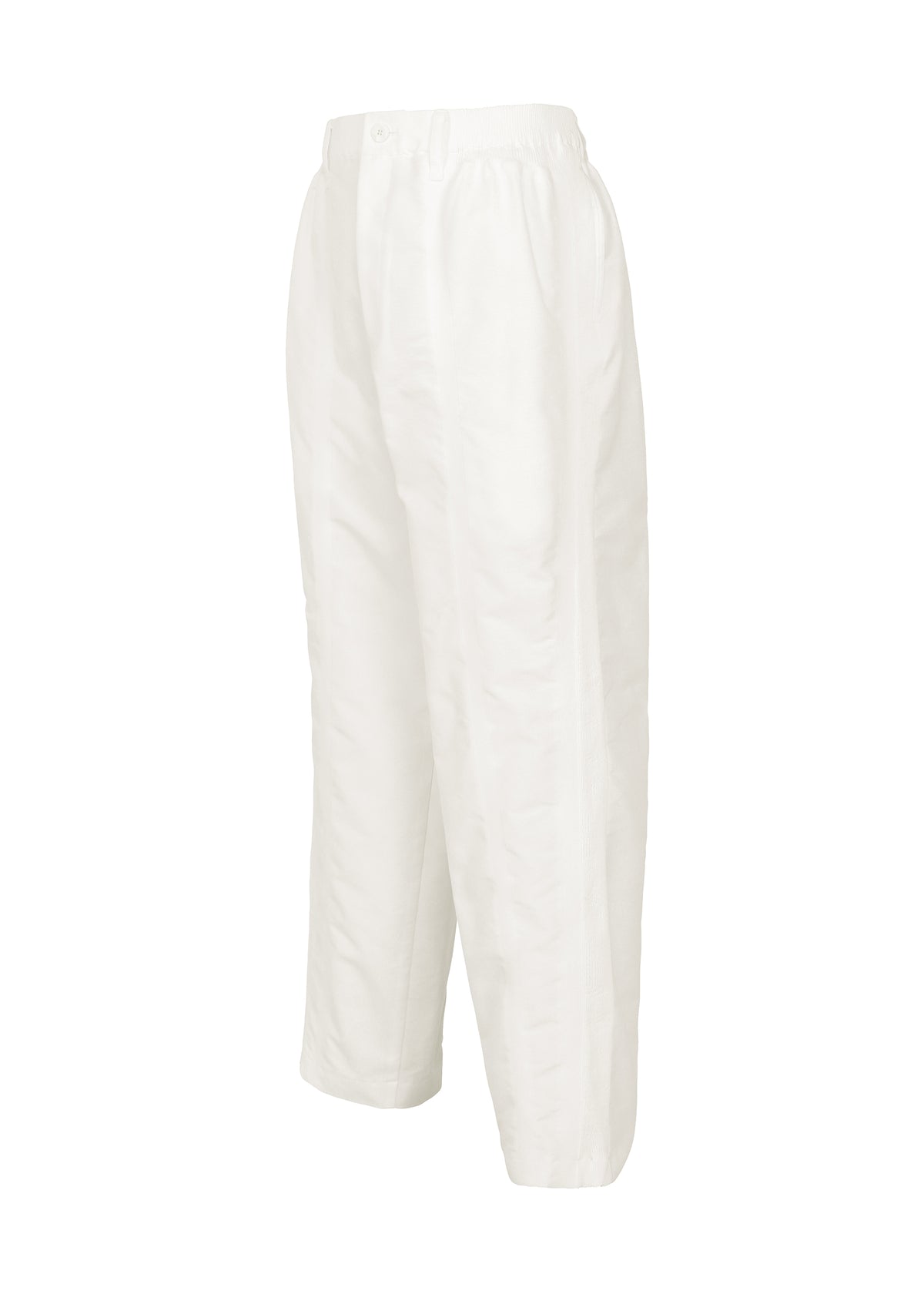 The CLAY pants by IM MEN are white, loose-fitting trousers made from sculptural fabric, featuring an elastic waistband, straight legs, and a button closure. They are shown on a white background at a slight side angle. view 2 of 8