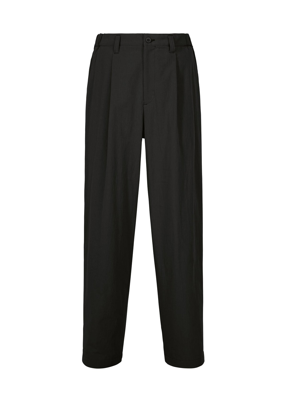 The COMFORT COTTON trousers by IM MEN are black, straight-leg pants made from high-twist organic cotton for a smooth feel. Designed with belt loops, a button and zipper closure, and two front pleats, these loose-fit pants are shown against a white background. view 1 of 8